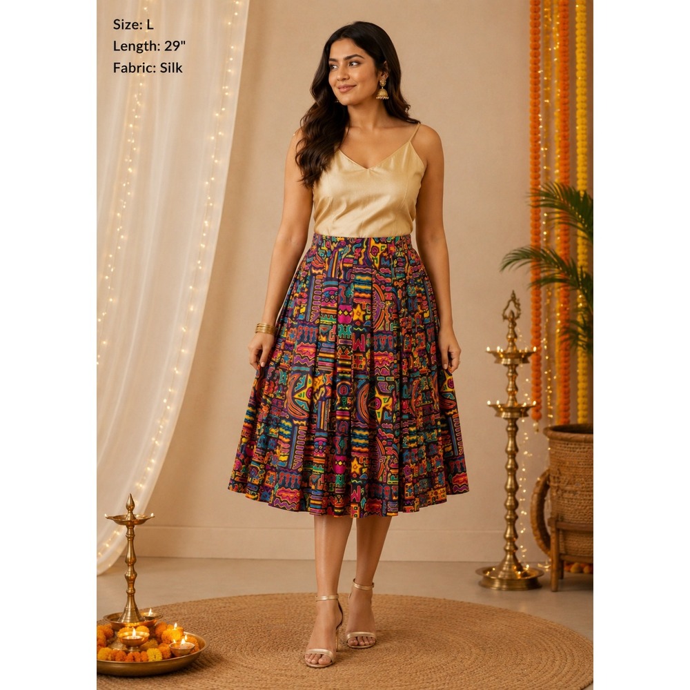 Vintage Colorful Artsy Silk Midi Skirt Indie Flare Festival Vaca Resort Size L